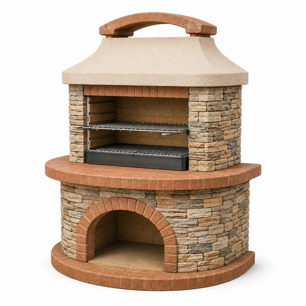 Barbecue de jardin rond diamètre 120 cm en pierre beige et terre cuite avec foyer et grilles