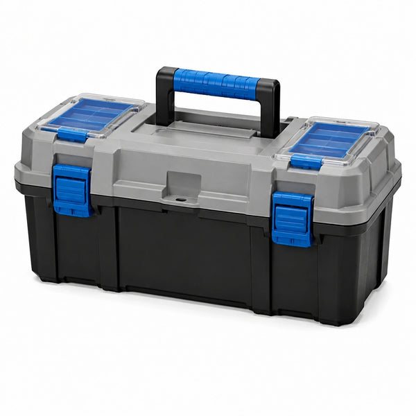 Boîte à outils 50 x 28 x 25 cm en plastique noir gris bleu avec organiseurs et poignée