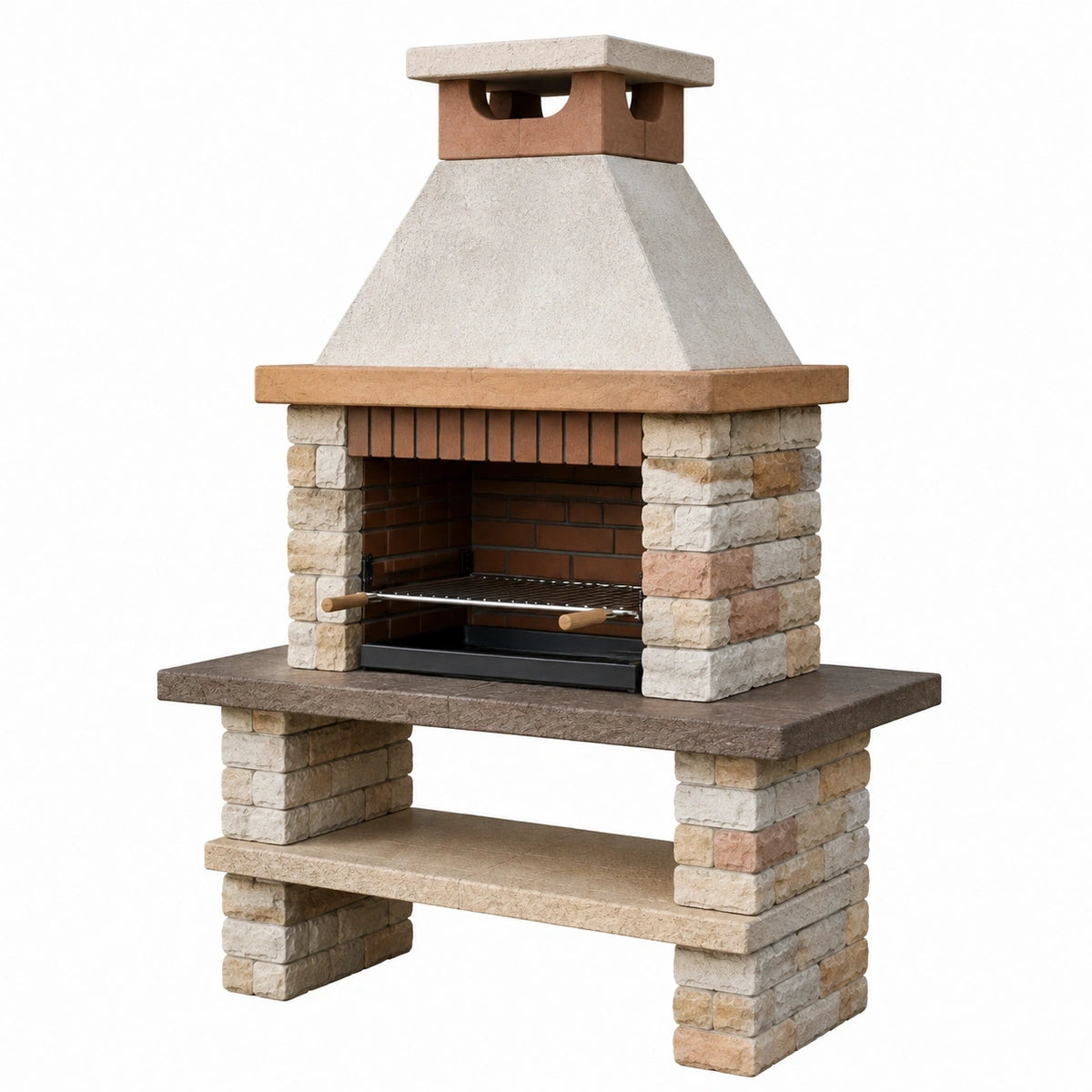 Barbecue de jardin 120 x 70 x 200 cm en pierre et brique beige terracotta avec grille