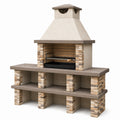 Barbecue de jardin 220 x 70 x 250 cm en béton et pierre beige avec cheminée et grille