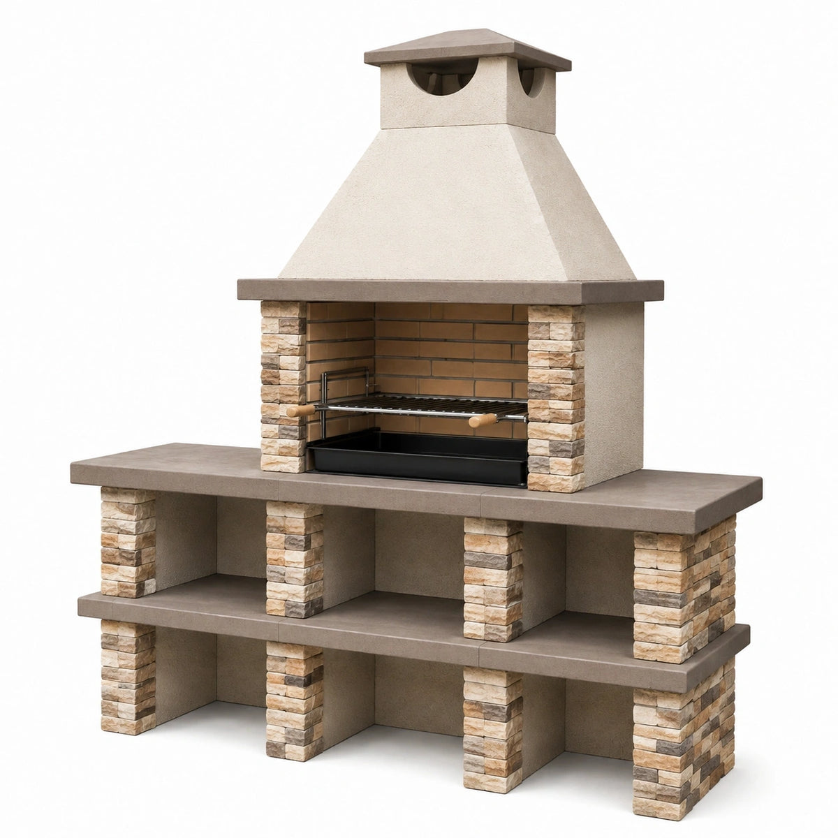 Barbecue de jardin 220 x 70 x 250 cm en béton et pierre beige avec cheminée et grille