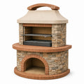 Barbecue de jardin rond diamètre 120 cm en pierre beige et terre cuite avec foyer et grilles