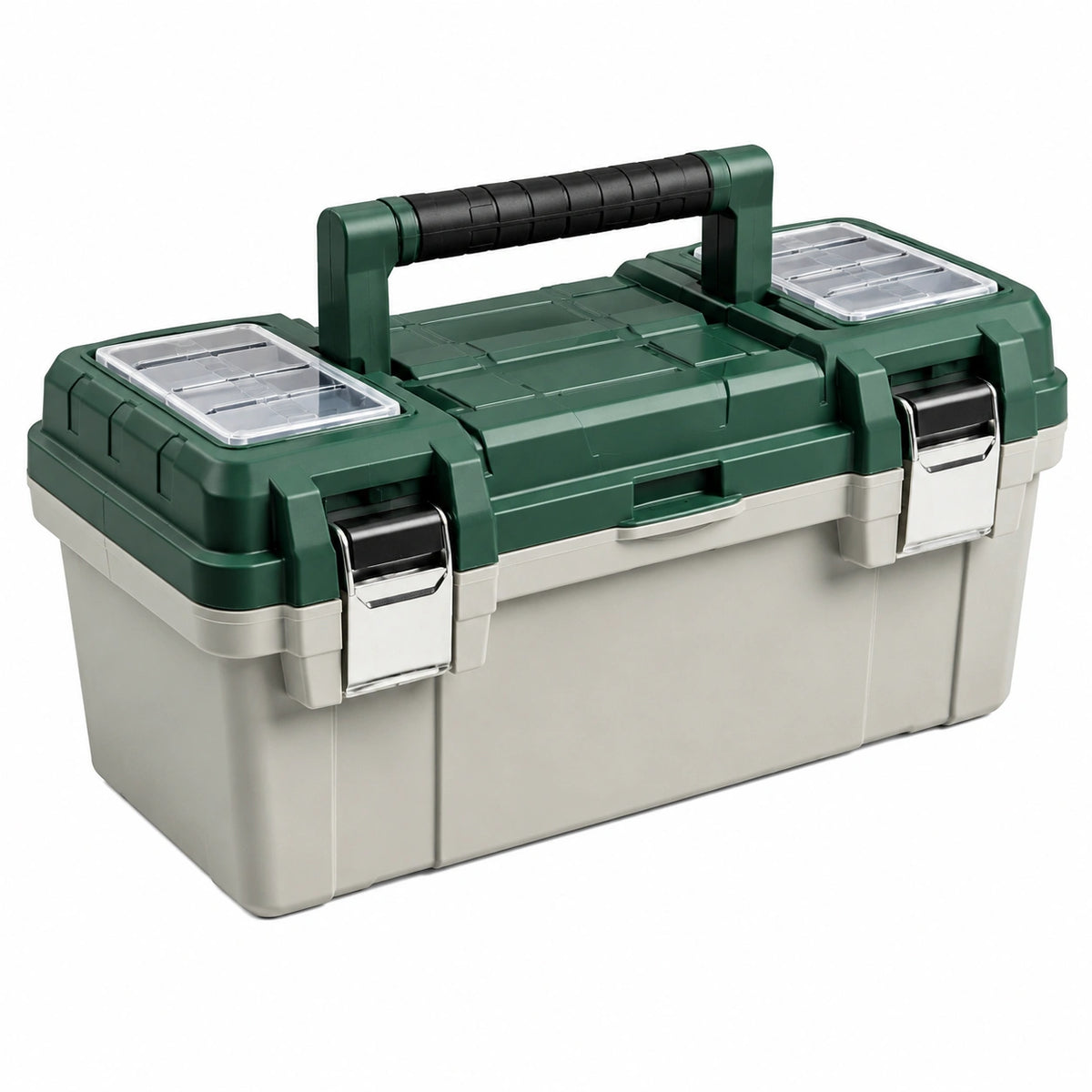 Boîte à outils 55 x 30 x 28 cm en plastique vert et gris avec organiseurs et poignée de transport