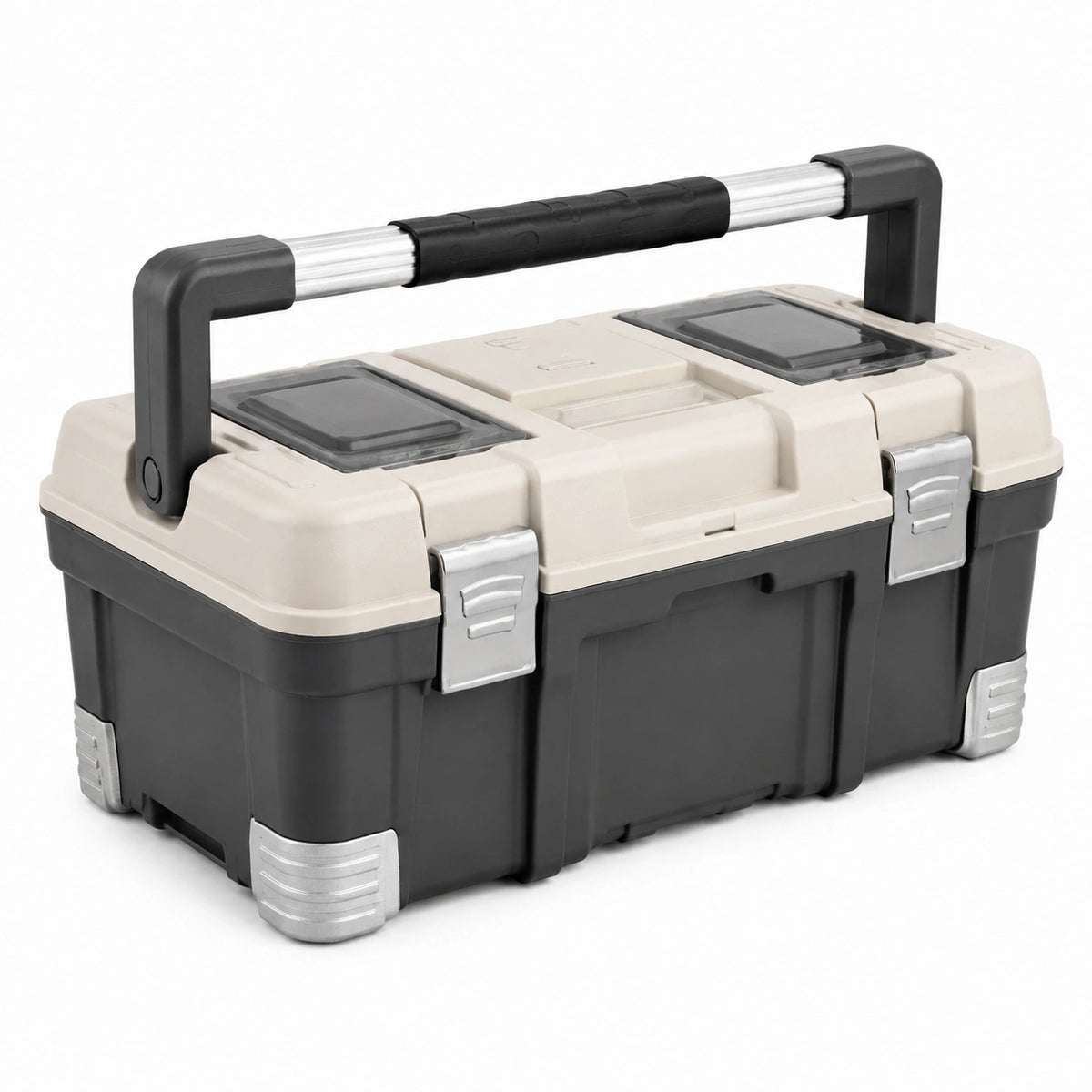 Boîte à outils 50 cm en plastique noir et beige avec poignée de transport et compartiments