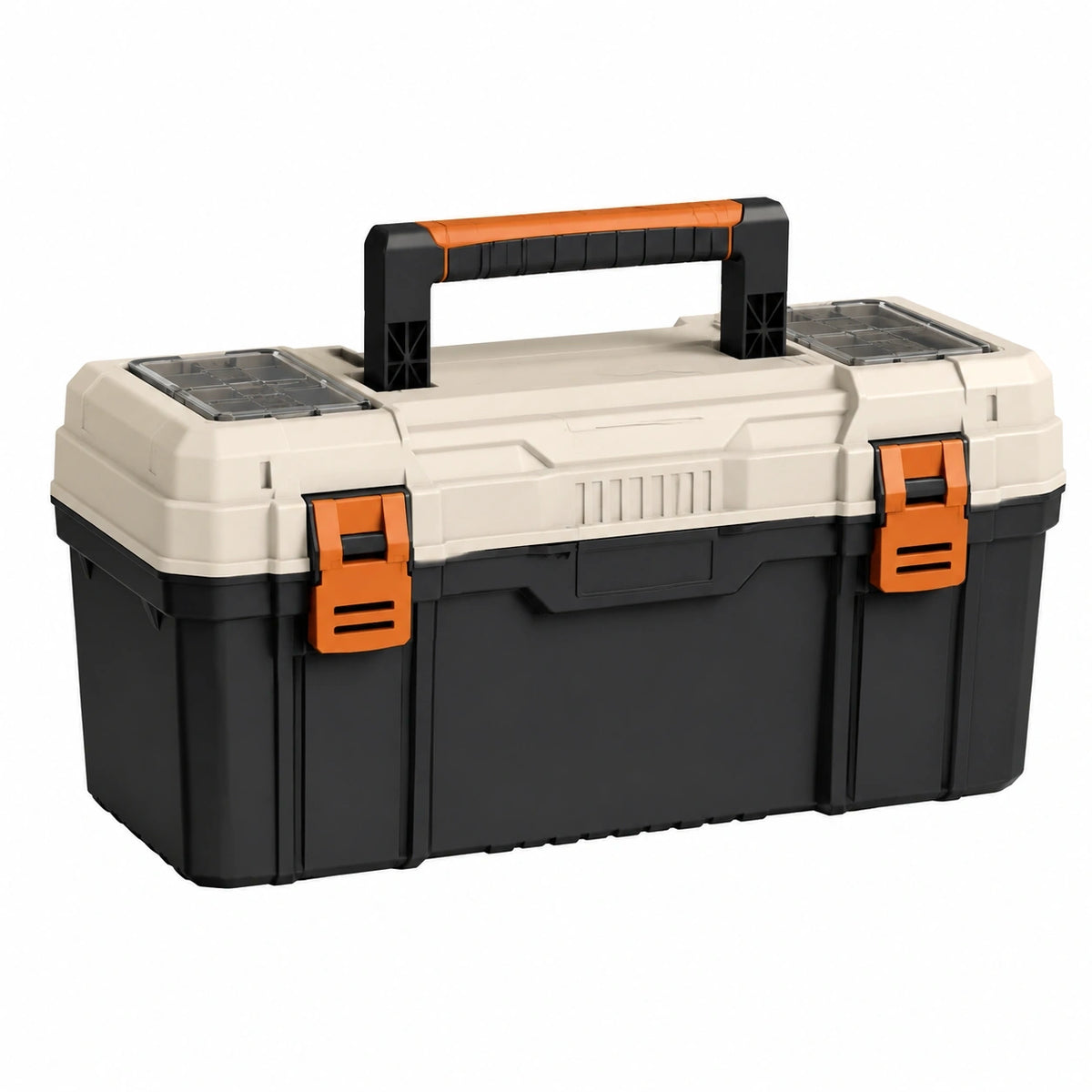 Caisse à outils 50 cm en plastique noir beige et orange avec organiseurs et poignée