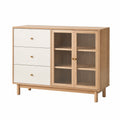 Buffet 120 x 40 x 90 cm en bois beige et blanc avec portes vitrées rainurées style scandinave