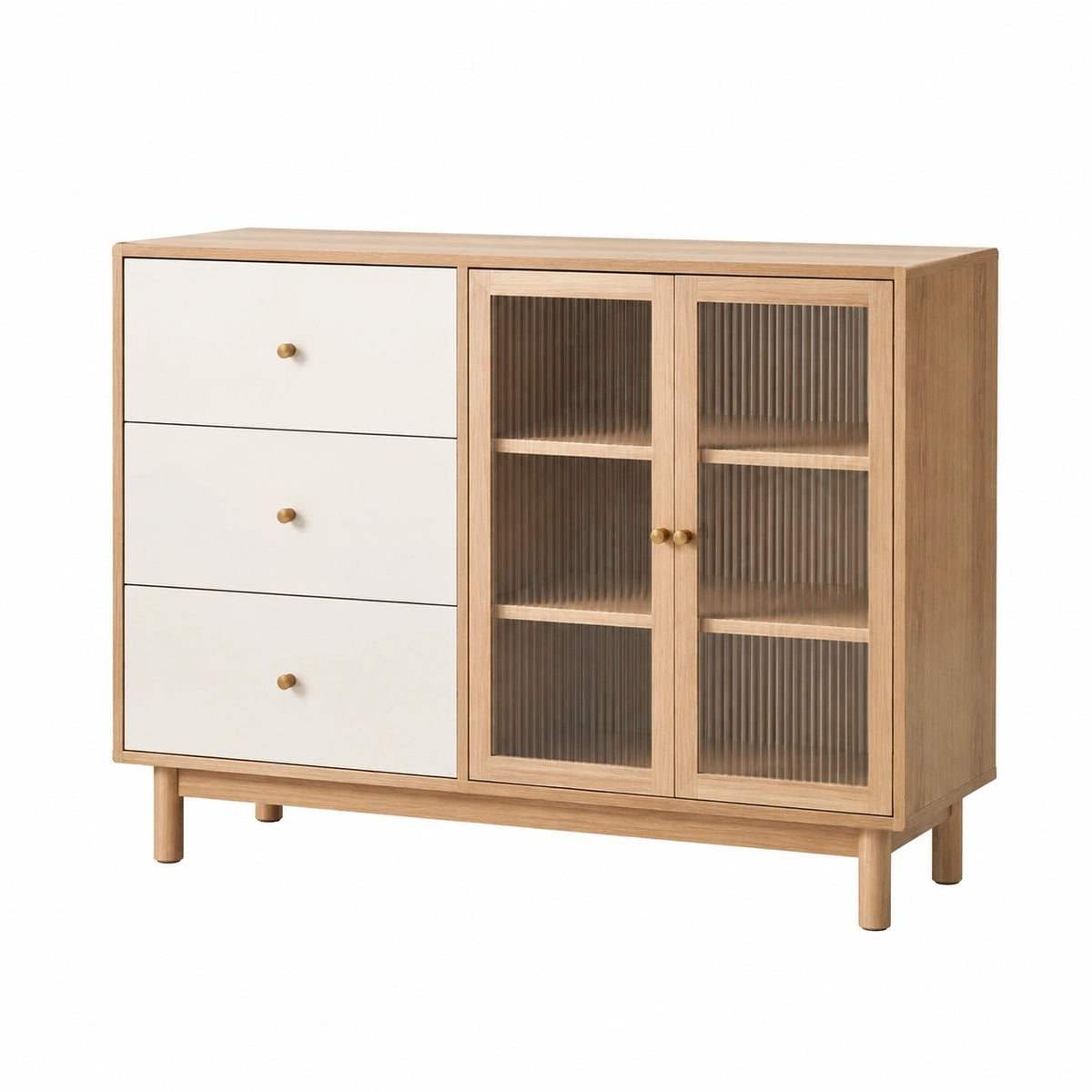 Buffet 120 x 40 x 90 cm en bois beige et blanc avec portes vitrées rainurées style scandinave