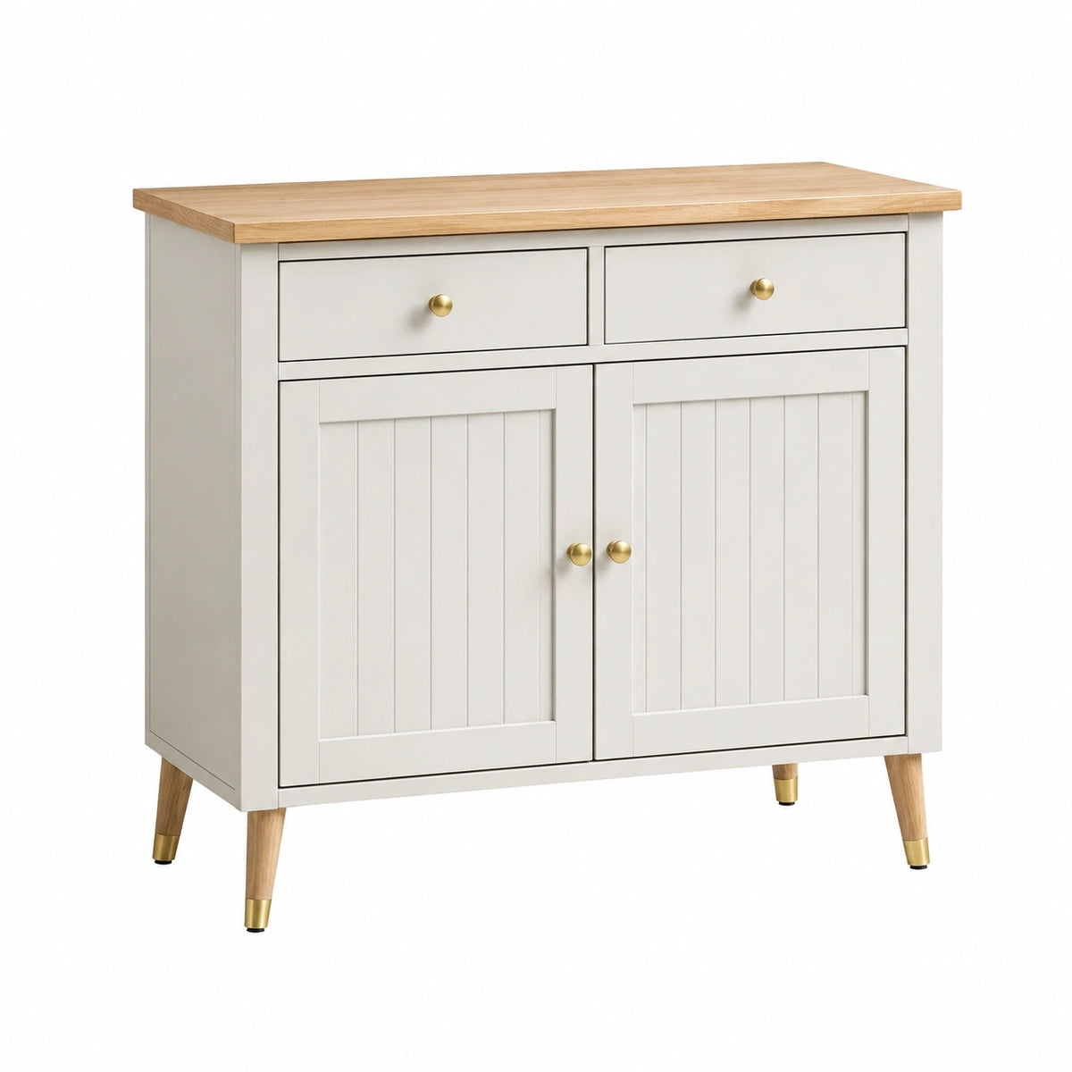 Buffet 100 x 40 x 90 cm blanc et bois naturel avec 2 tiroirs 2 portes style scandinave
