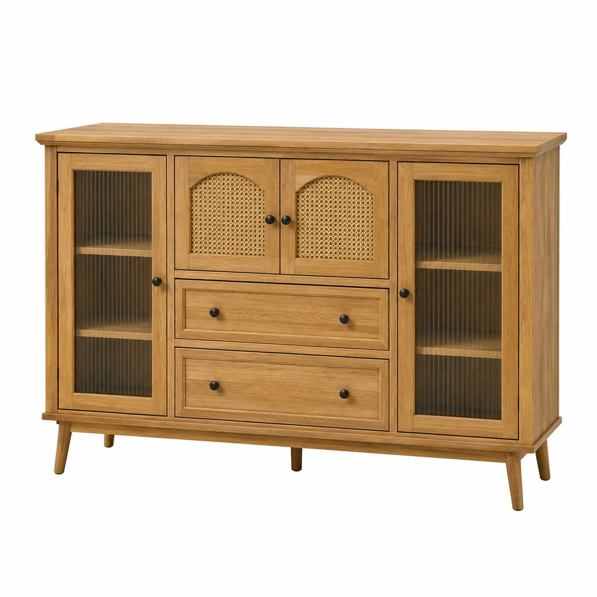 Buffet 160 x 40 x 110 cm en bois brun avec rotin et verre strié rangement vintage