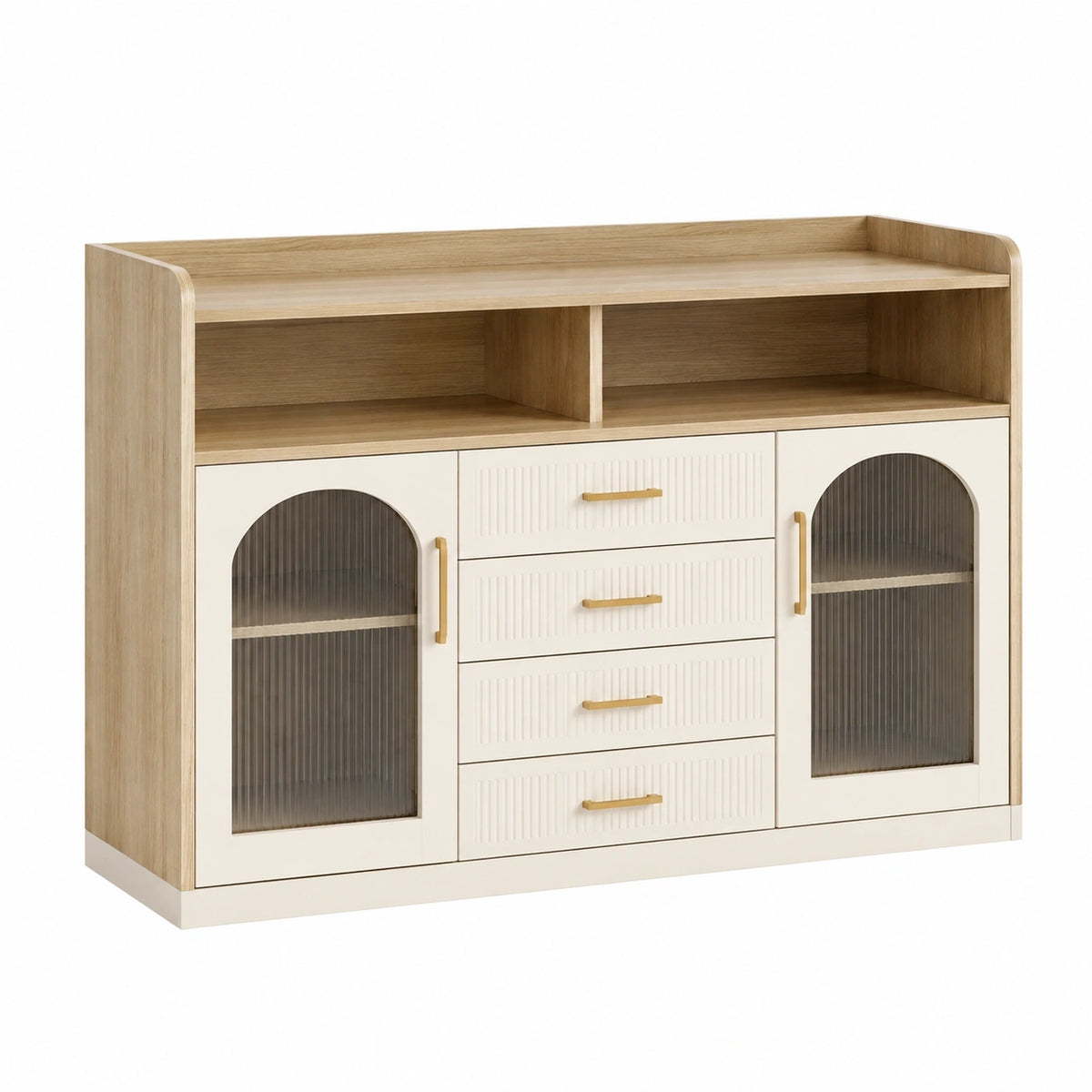 Buffet de rangement 120 cm en bois beige et blanc avec verre texturé style contemporain