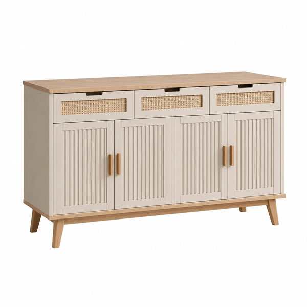 Buffet 160 x 40 x 85 cm en bois blanc cassé et naturel avec portes rainurées style scandinave