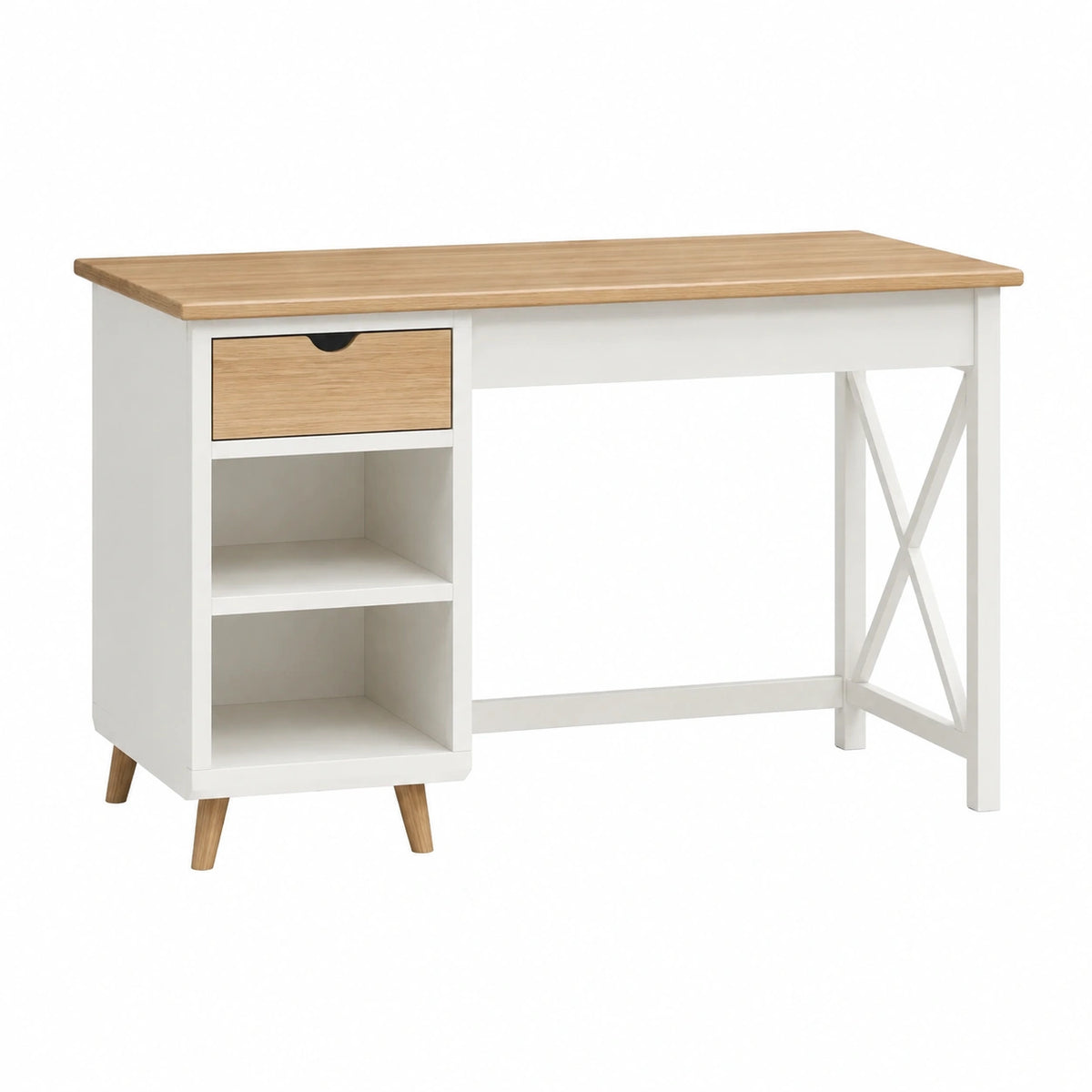 Bureau 120 x 60 cm blanc et bois avec tiroir et étagères style scandinave