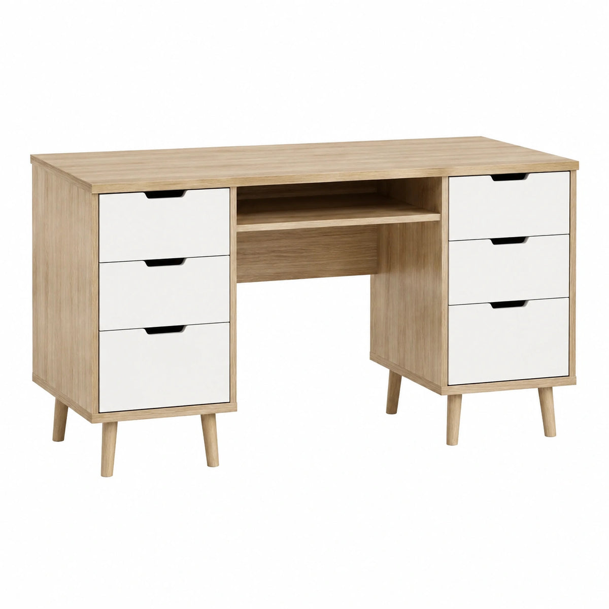 Bureau 120 x 60 x 75 cm en panneaux aspect chêne clair et blanc avec 6 tiroirs style scandinave