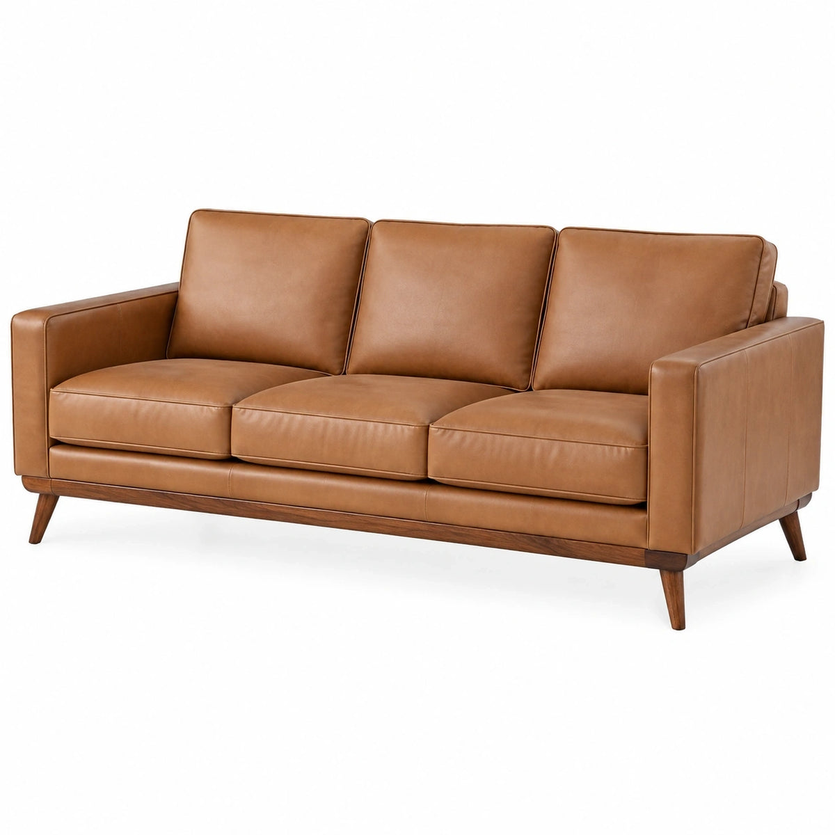 Canapé 3 places 210 cm aspect cuir cognac style moderne avec pieds en bois