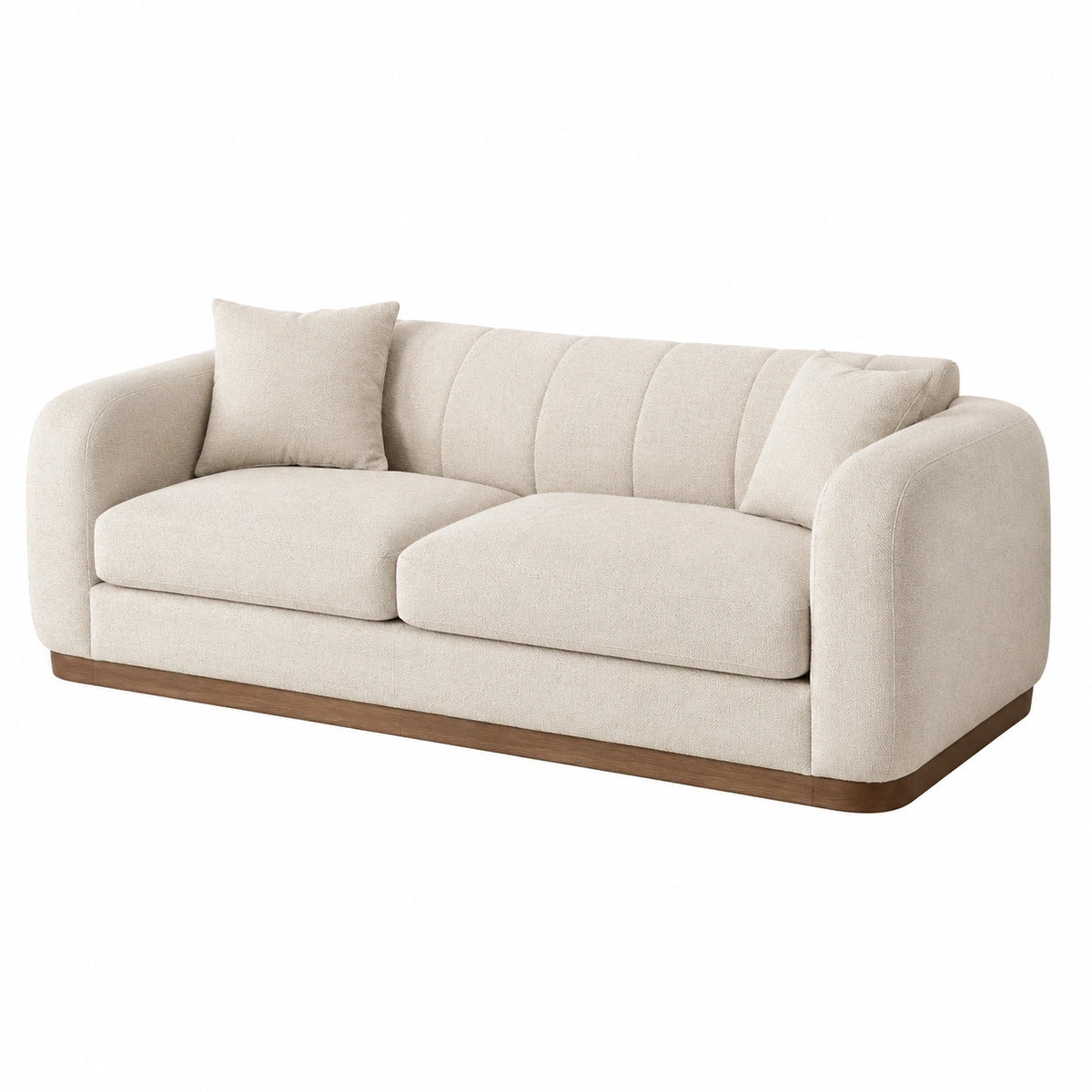 Canapé 3 places 200 cm en tissu bouclette écru avec base effet bois style contemporain