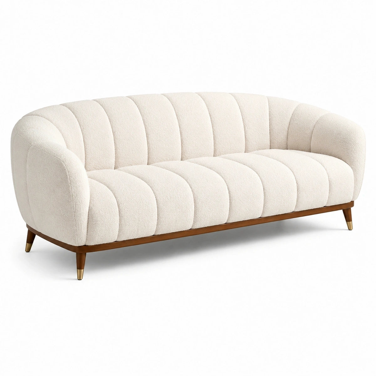 Canapé 3 places 210 cm en tissu bouclette écru avec piètement en bois style vintage